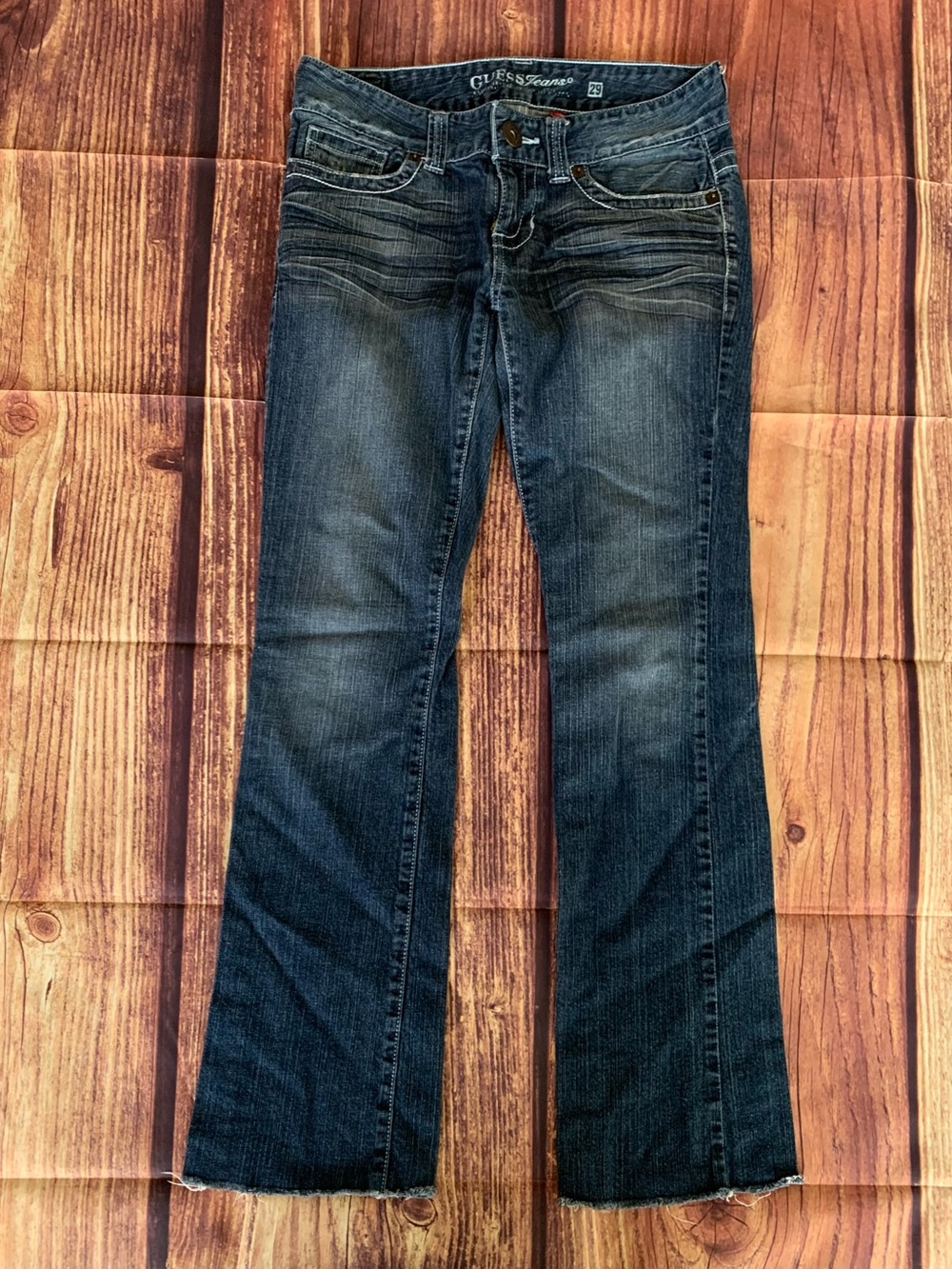 Guess Jeans Men's Bootcut Distressed Bottom Blue Denim Jeans Size: 29